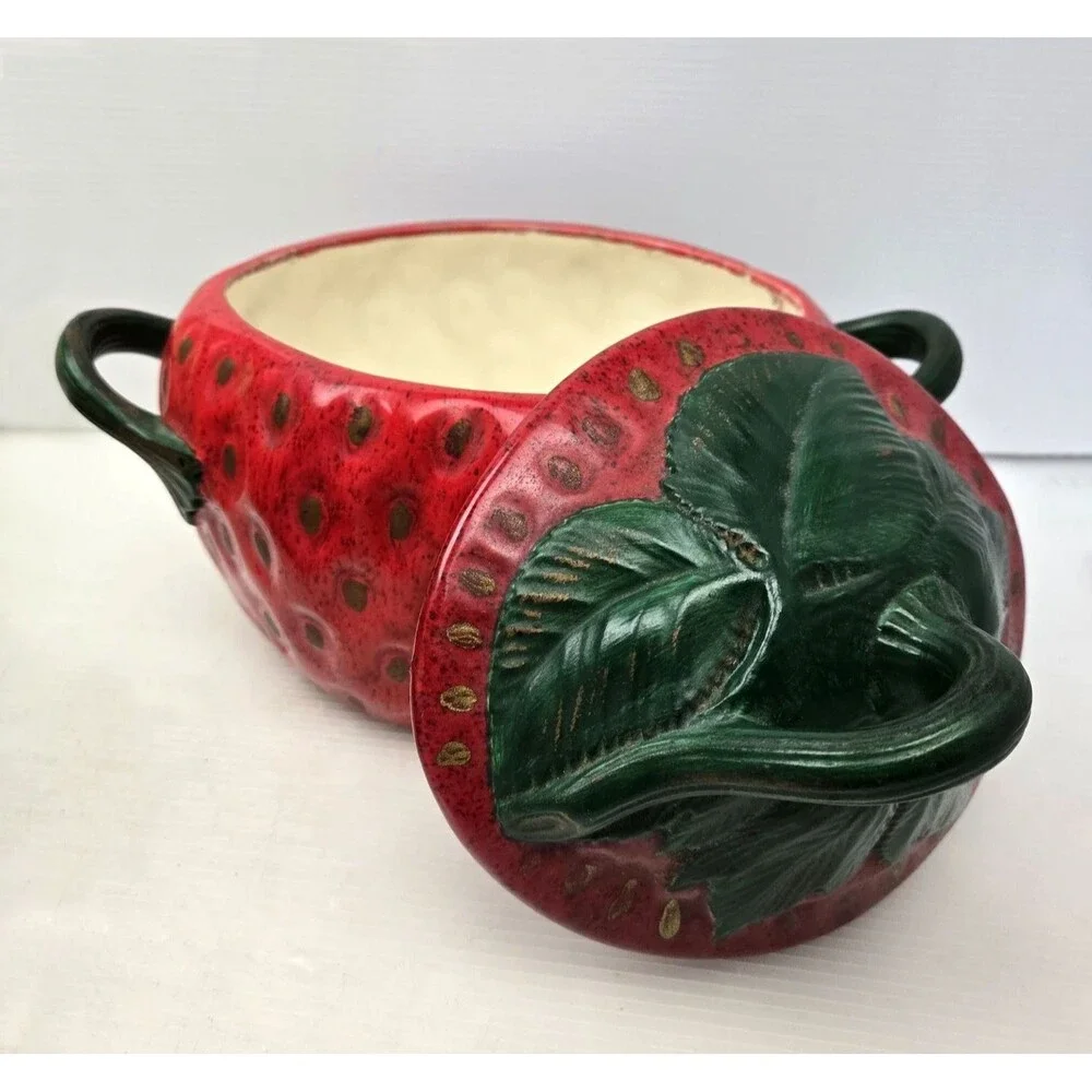 Vintage 1970s Ceramic Strawberry  Serving Bowl Cookie Jar w/ Lid 11